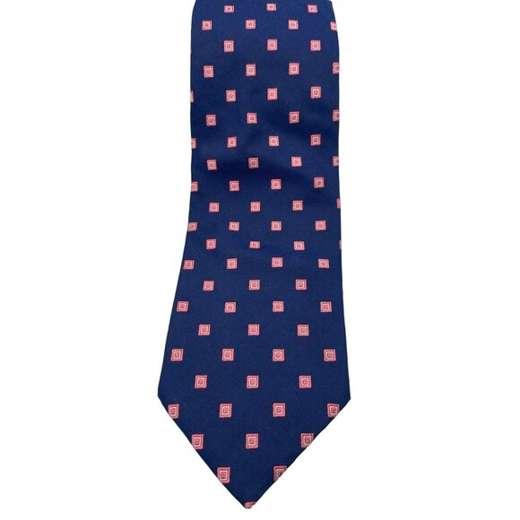 Brooks Brothers Mens Silk Tie Navy Blue Pink White Geometric Pattern Classic - Picture 2 of 6